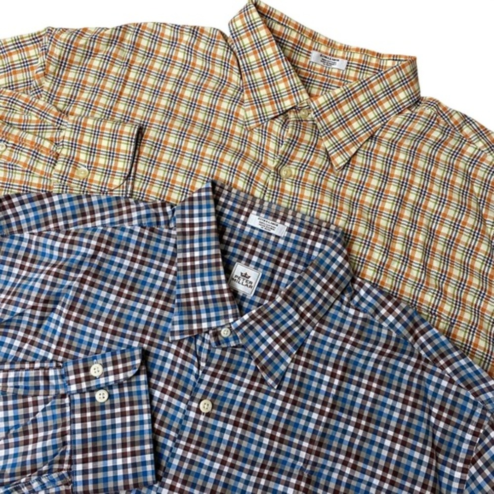 Peter Millar Button Up Shirt Men XL Lot of 2 Navy Orange Plaid Fall Long Sleeve